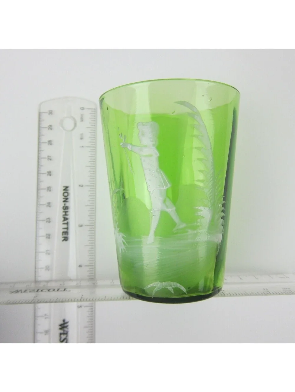 Antique Mary Gregory Green Drinking Glass Victorian Tumbler Boy Holding Flowers